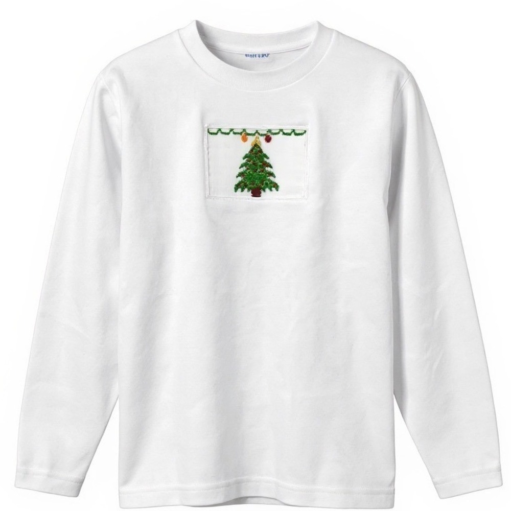 Vive La Fete White Long Sleeve Christmas Tree Smocked Kids Size 4 Shirt NOTES